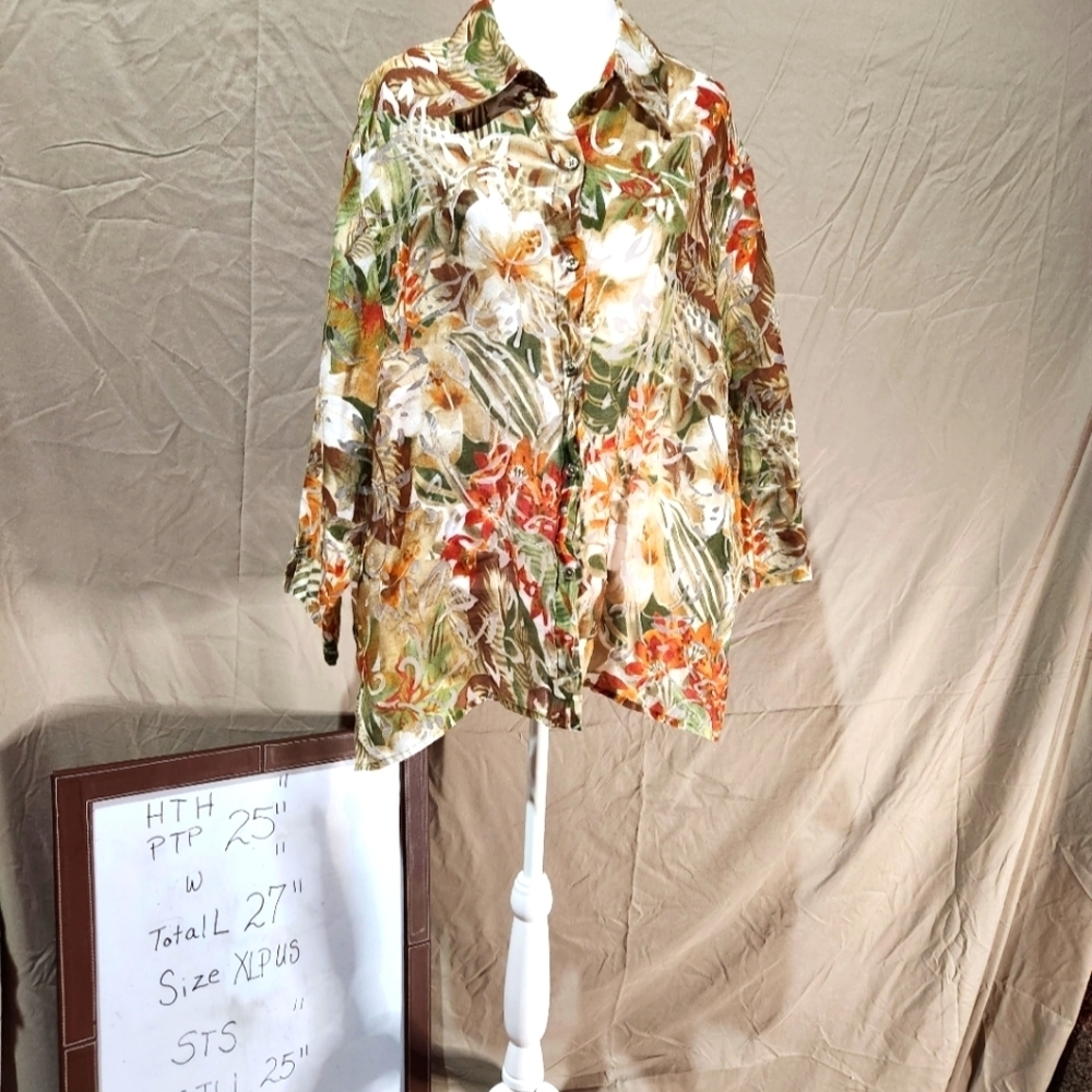 BonWorth XLP vintage Hawaiian print 3/4 sleeve partial sheer button‎ front top